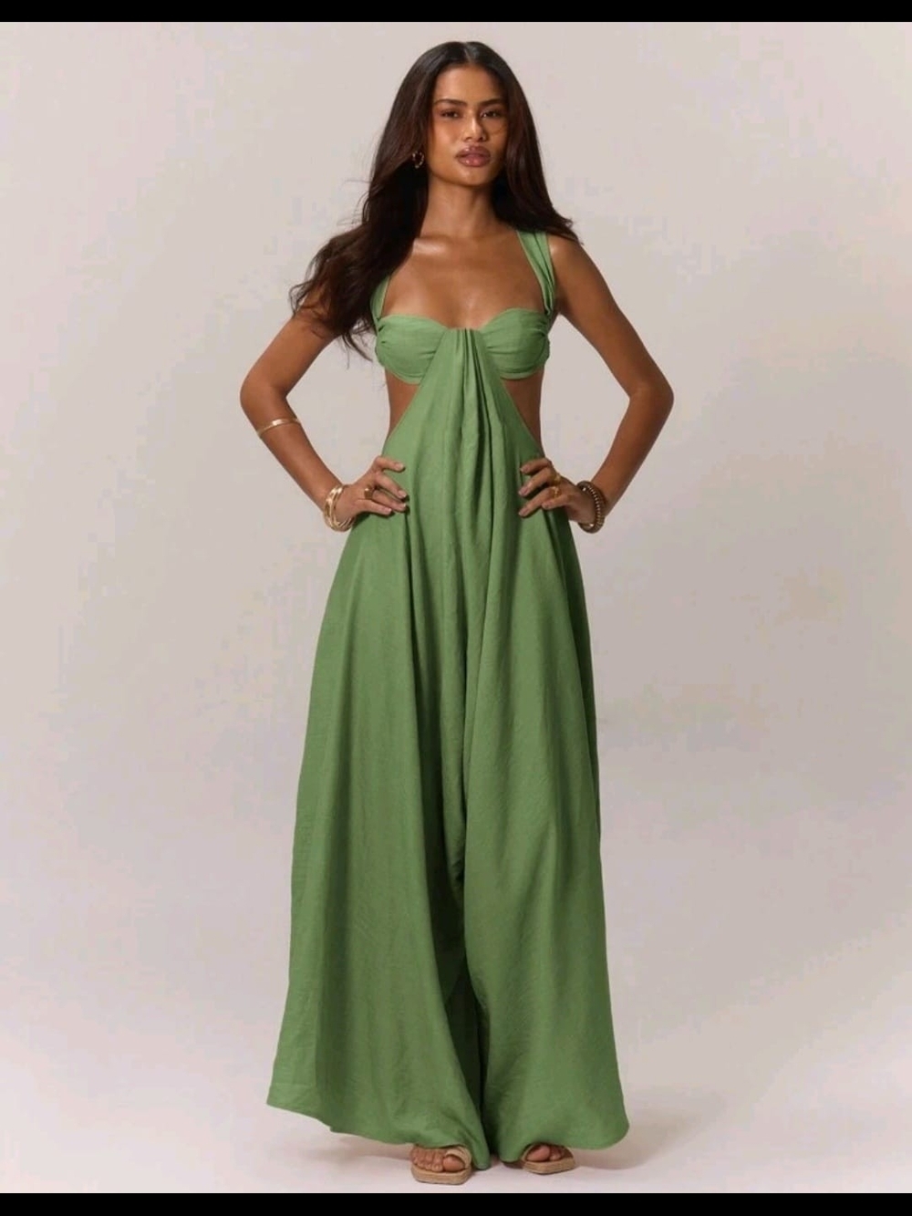 Sage Green Wide-Leg Jumpsuit with Front Tie XL - Picture 2 of 9